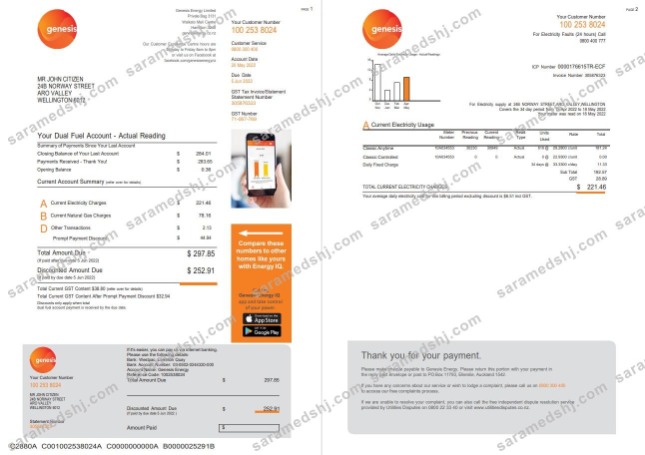 New Zealand Genesis Gas utility bill template in Word and PDF format, 3 pages 1